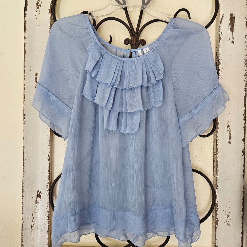ELLE -Women`s Baby Blue Short Sleeve Shear Ruffle Shirt Blouse M